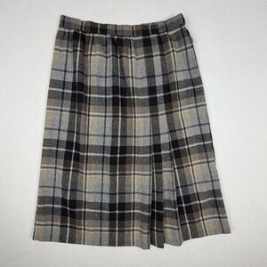 Vintage Plaid Midi Skirt Brown Grey Black High Waist Pleated Wool Blend